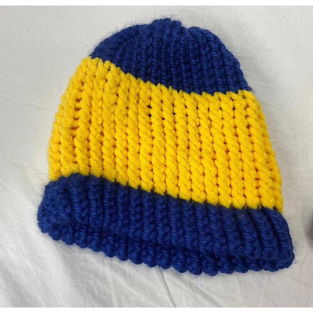 Handmade Knitted Hats Blue And Gold Cream And Brown Stretch Michigan Colors